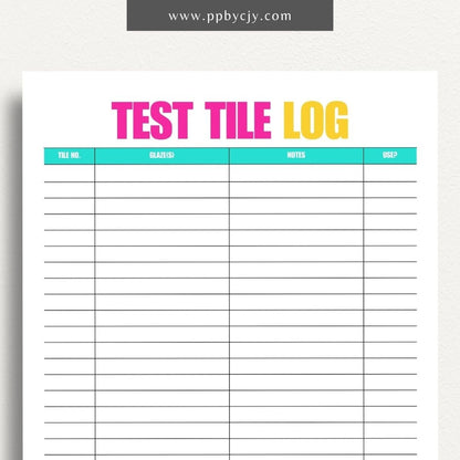 Pottery Test Tile Log Printable Template – Digital download for documenting and tracking ceramic glaze tests, including glaze types, temperatures, and observations