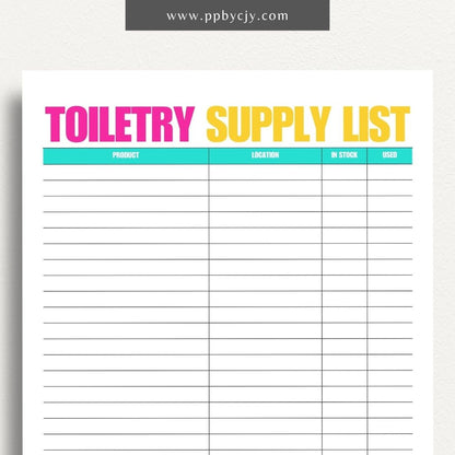 Toiletry Supply List Printable Template – Digital download for organizing and tracking bathroom essentials, personal care items, and travel packing