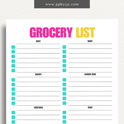 Food Grocery List Printable Template – Digital download for organizing and planning your grocery shopping.