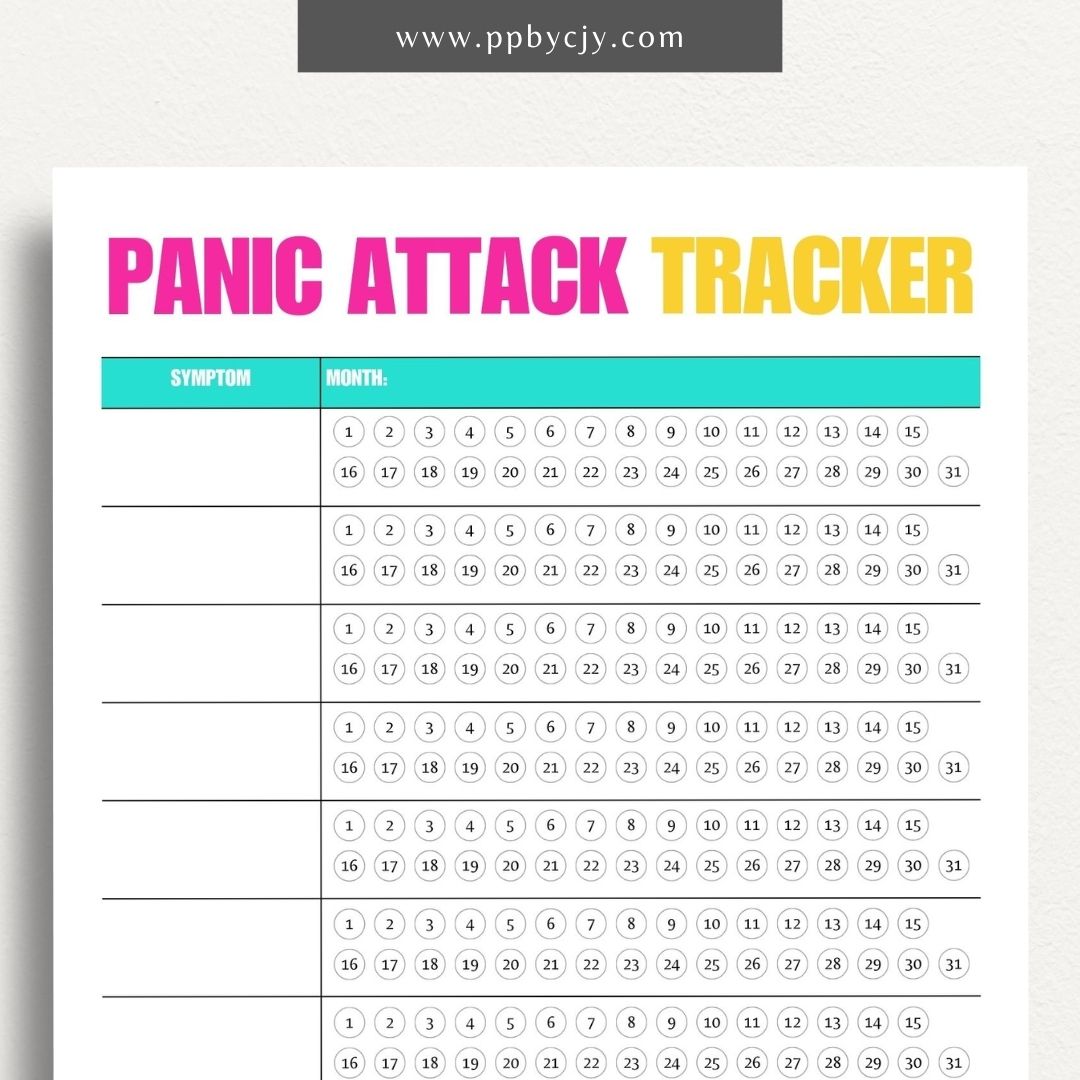printable template page with columns and rows related to panic attack tracking