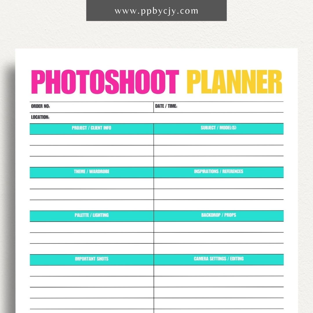 Photoshoot Planner Printable Template – Digital download for organizing and planning photography sessions, shot lists, schedules, and equipment"