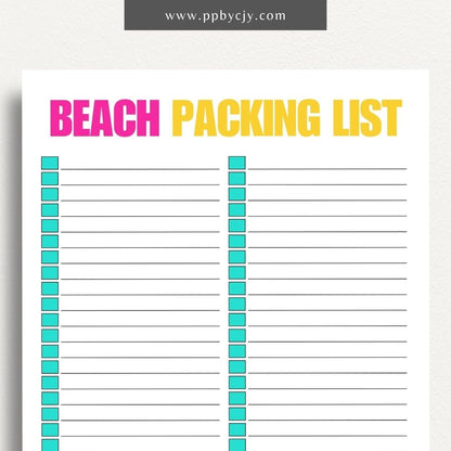 Beach Packing List Printable Template – Digital Download for Organizing and Packing for a Beach Trip