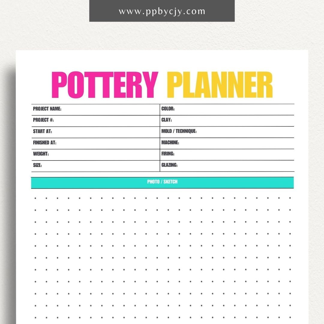 Pottery Planner Printable Template – Digital download for organizing ceramic projects, including design planning, material tracking, and firing schedules