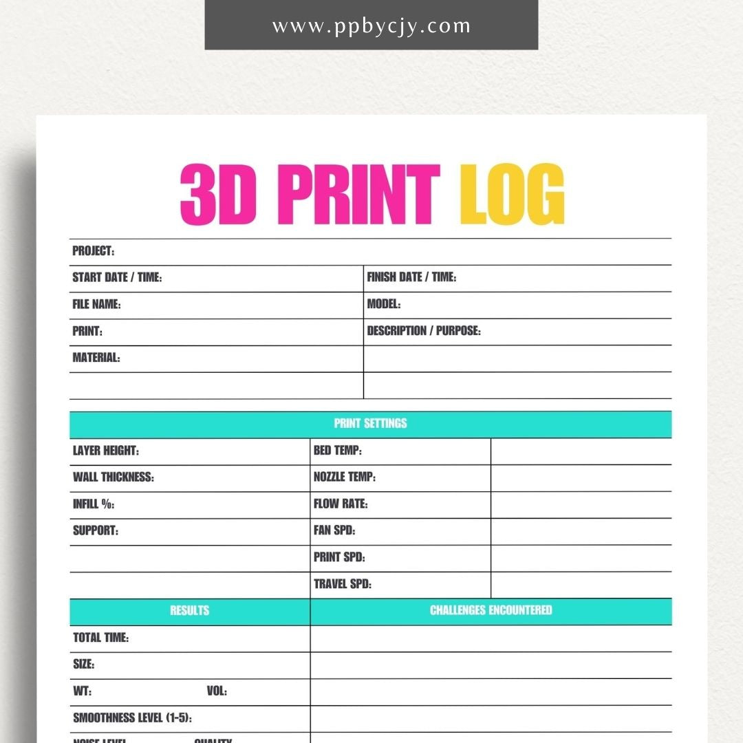 3D Print Log Printable Template – Digital Download for Tracking 3D Printing Projects and Details