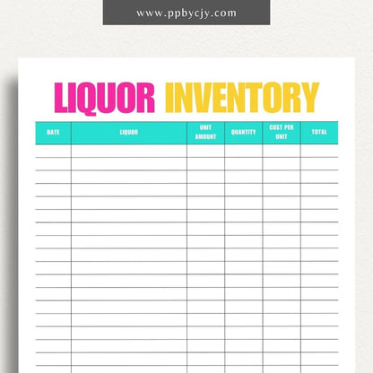 Liquor Inventory Printable Template – Digital download for organizing and managing your collection of liquor, including quantities, types, and locations.