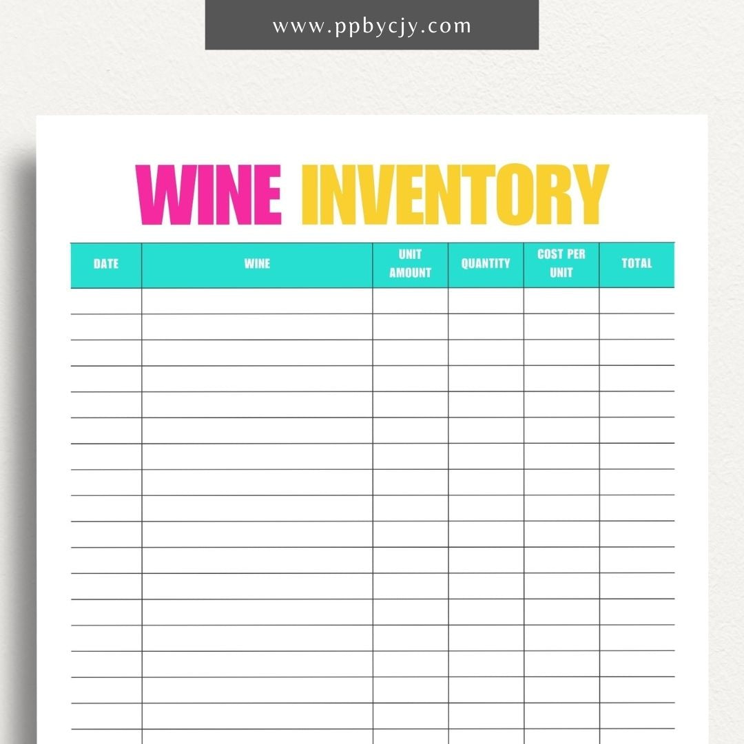 Wine Inventory Printable Template – Digital download for cataloging and managing your wine collection, including details like wine type, vintage, quantity, and storage location