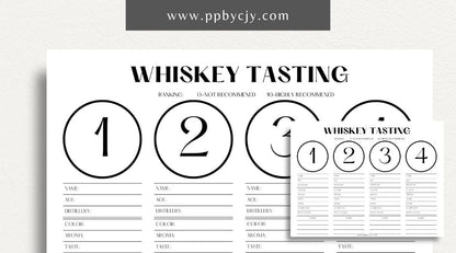 Whiskey Tasting Scorecard Printable Template – Digital download for evaluating and recording whiskey tastings, including sections for scoring aroma, flavor, finish, and overall impressions