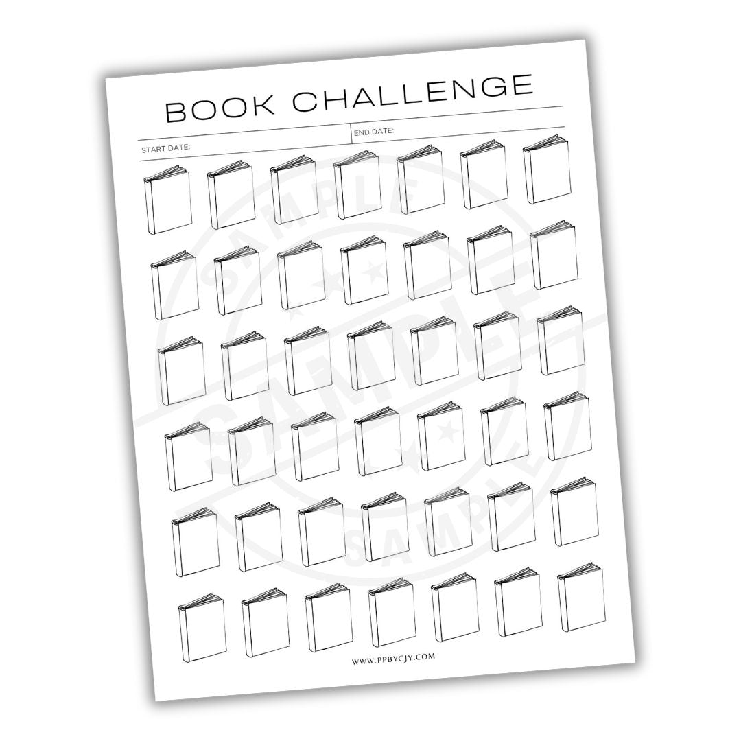Sheet with book challenge tracker on a white background