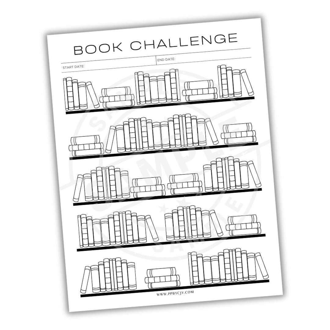 Book challenge tracker with shelves of books on a white background