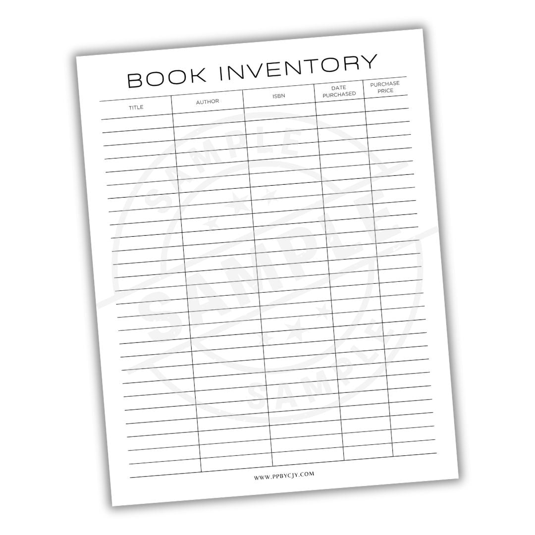 Book inventory sheet with columns for title, author, ISBN, date purchased, and price.