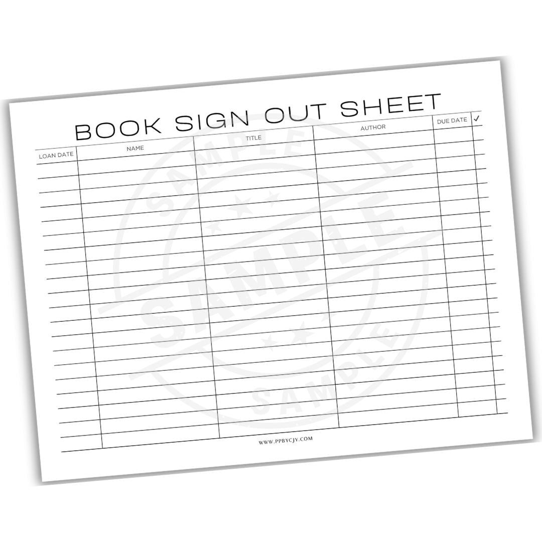 Book sign out sheet with columns for name, title, author, and date on a white background.