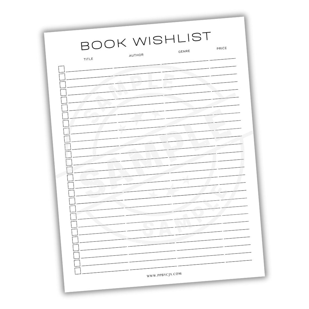 Book wishlist form with columns for title, author, genre, and price on a white background.