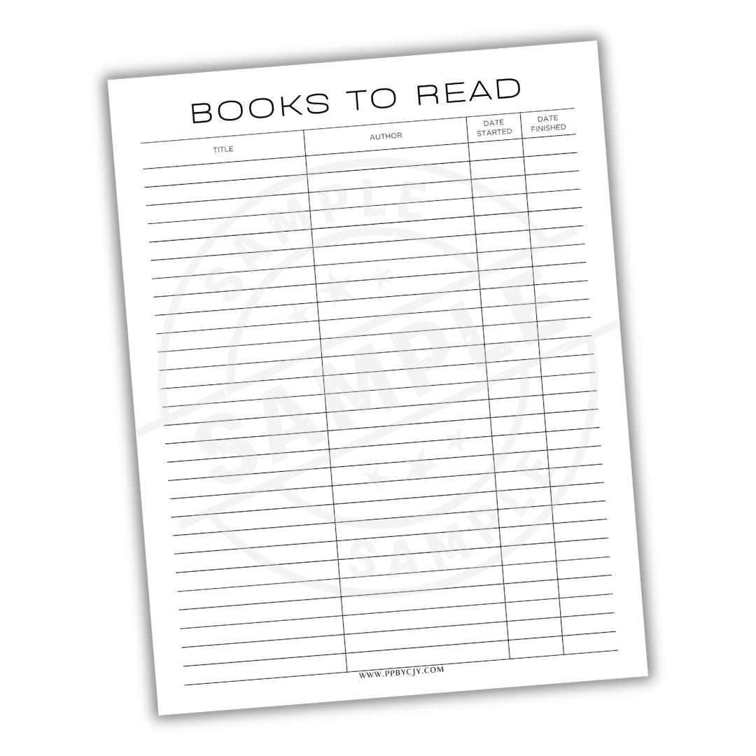 Sheet titled 'Books to Read' with columns for title, author, start date, and finish date on a white background.