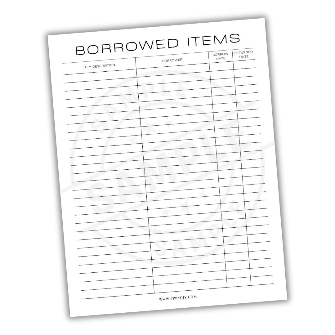 Sheet with 'Borrowed Items' log on a white background
