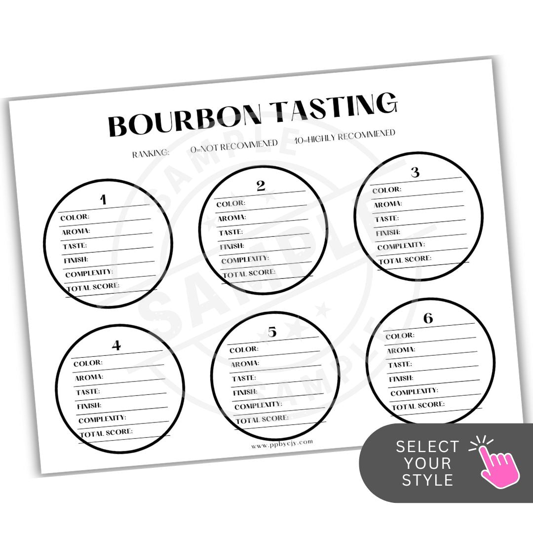 Bourbon tasting sheet with numbered circles for tasting notes on a white background

