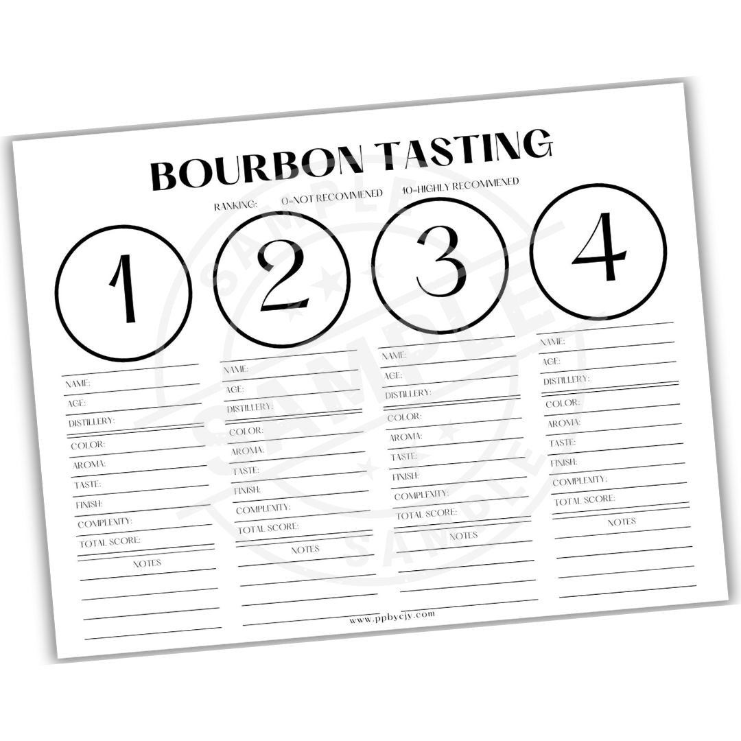 Bourbon tasting sheet with numbered circles for tasting notes on a white background

