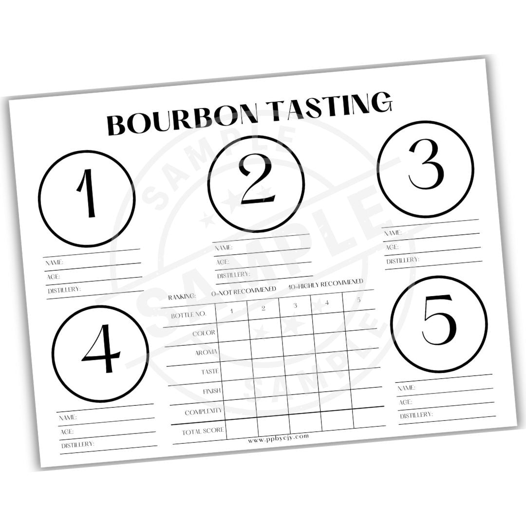 Bourbon tasting sheet with numbered circles for tasting notes on a white background