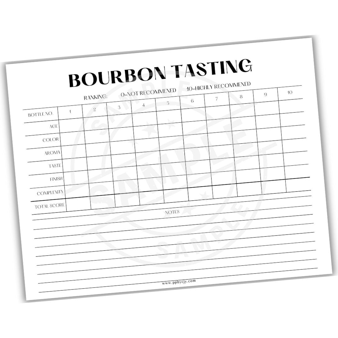 Bourbon tasting sheet with numbered circles for tasting notes on a white background
