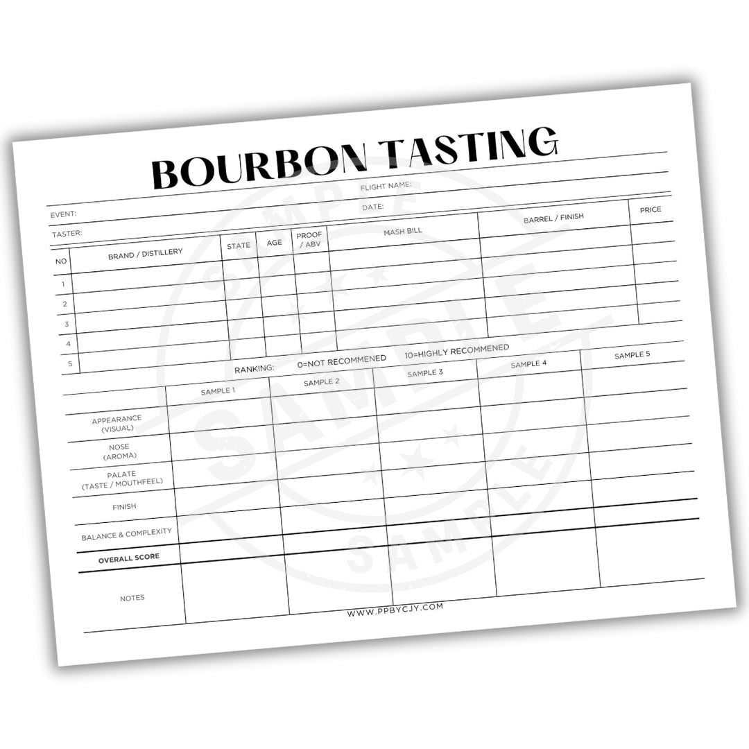 Bourbon tasting sheet with a white background