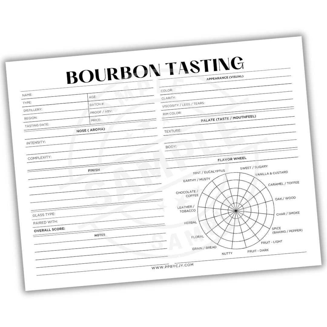 Bourbon tasting sheet with a flavor wheel on a white background