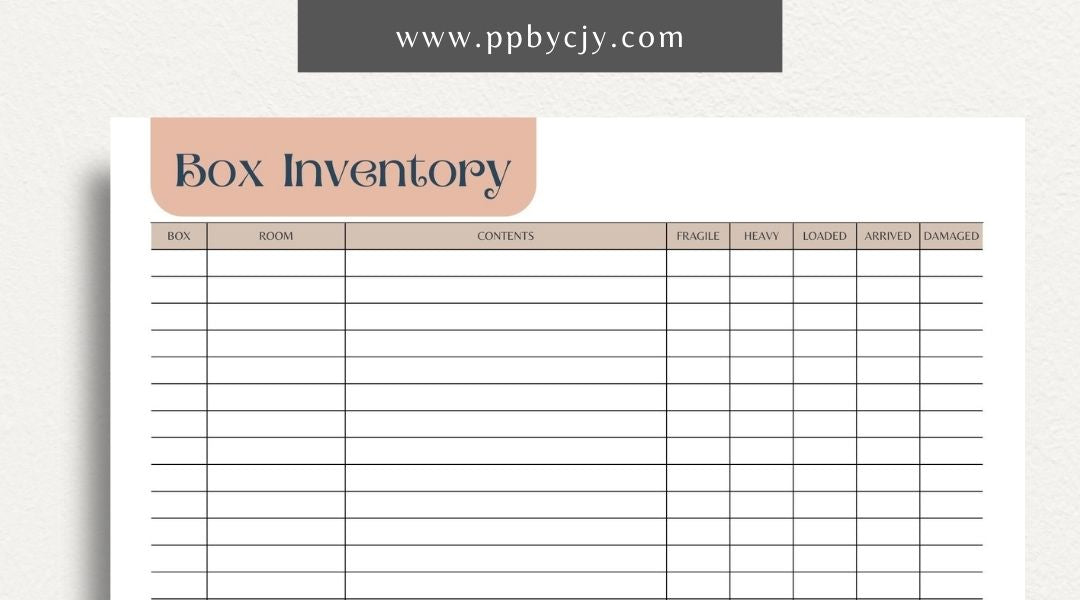 Moving Box Inventory Printable Template – Digital download for cataloging and tracking the contents of each moving box, including descriptions and locations.