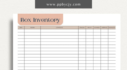 Moving Box Inventory Printable Template – Digital download for cataloging and tracking the contents of each moving box, including descriptions and locations.