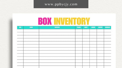 Moving Box Inventory Printable Template – Digital download for cataloging and tracking the contents of each moving box, including descriptions and locations.