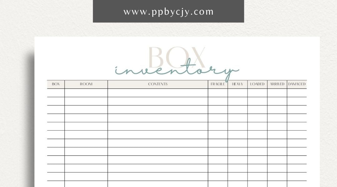 Moving Box Inventory Printable Template – Digital download for cataloging and tracking the contents of each moving box, including descriptions and locations.