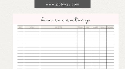 Moving Box Inventory Printable Template – Digital download for cataloging and tracking the contents of each moving box, including descriptions and locations.