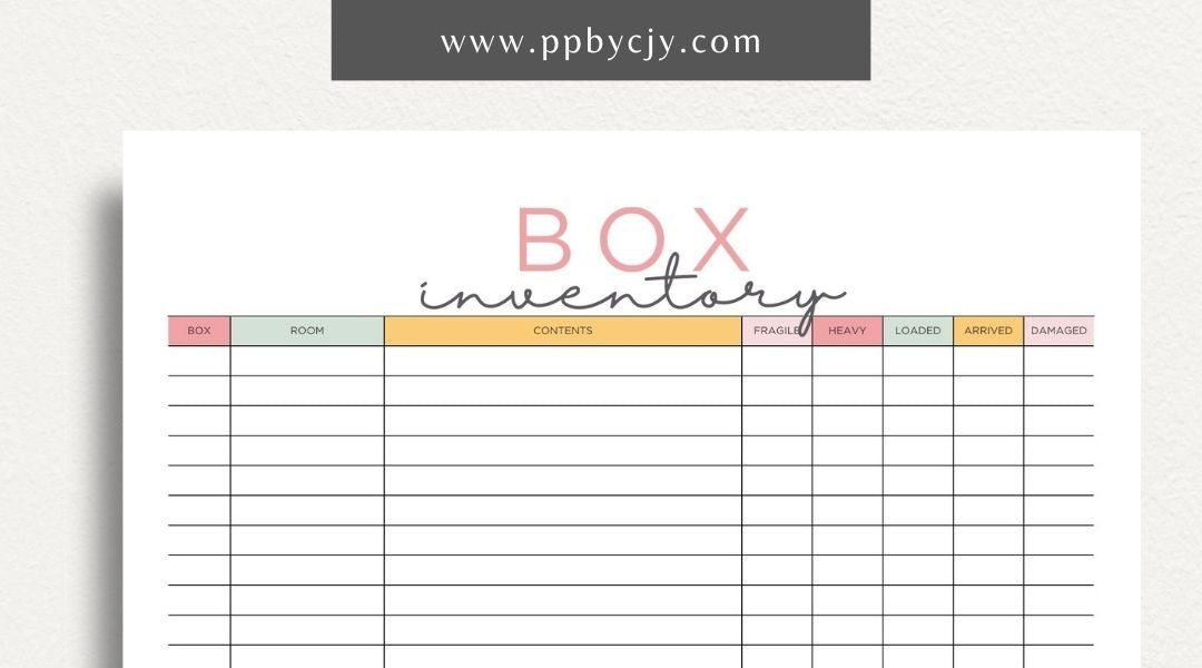 Moving Box Inventory Printable Template – Digital download for cataloging and tracking the contents of each moving box, including descriptions and locations.