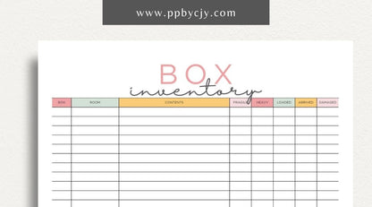 Moving Box Inventory Printable Template – Digital download for cataloging and tracking the contents of each moving box, including descriptions and locations.