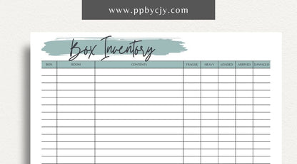 Moving Box Inventory Printable Template – Digital download for cataloging and tracking the contents of each moving box, including descriptions and locations.