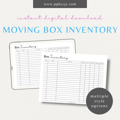 Moving Box Inventory Printable Template – Digital download for cataloging and tracking the contents of each moving box, including descriptions and locations.