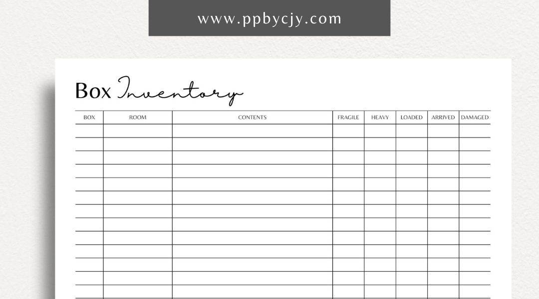 Moving Box Inventory Printable Template – Digital download for cataloging and tracking the contents of each moving box, including descriptions and locations.