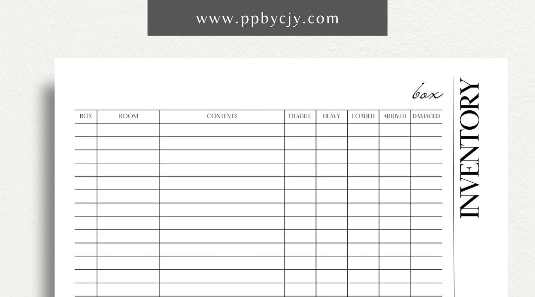 Moving Box Inventory Printable Template – Digital download for cataloging and tracking the contents of each moving box, including descriptions and locations.