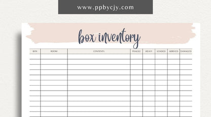 Moving Box Inventory Printable Template – Digital download for cataloging and tracking the contents of each moving box, including descriptions and locations.