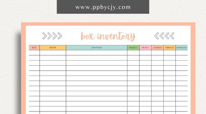 Moving Box Inventory Printable Template – Digital download for cataloging and tracking the contents of each moving box, including descriptions and locations.