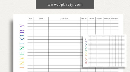 Moving Box Inventory Printable Template – Digital download for cataloging and tracking the contents of each moving box, including descriptions and locations.