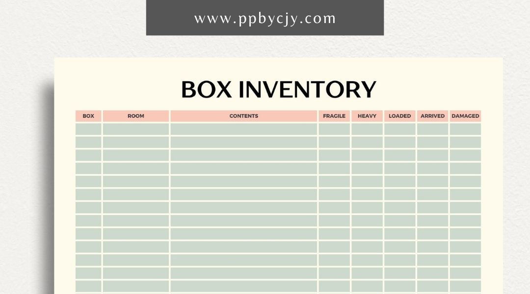 Moving Box Inventory Printable Template – Digital download for cataloging and tracking the contents of each moving box, including descriptions and locations.