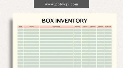 Moving Box Inventory Printable Template – Digital download for cataloging and tracking the contents of each moving box, including descriptions and locations.