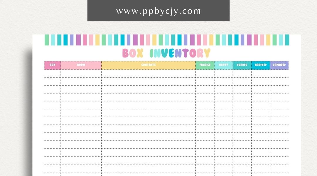 Moving Box Inventory Printable Template – Digital download for cataloging and tracking the contents of each moving box, including descriptions and locations.