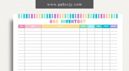 Moving Box Inventory Printable Template – Digital download for cataloging and tracking the contents of each moving box, including descriptions and locations.