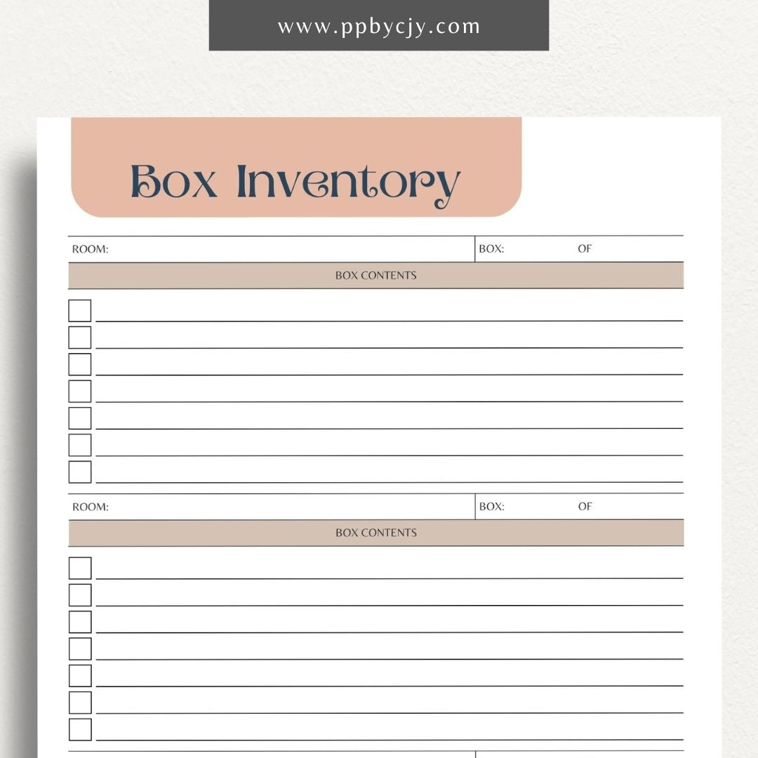 Moving Box Inventory Printable Template – Digital download for cataloging and tracking the contents of each moving box, including descriptions and locations.