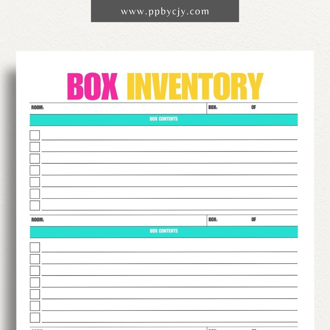 Moving Box Inventory Printable Template – Digital download for cataloging and tracking the contents of each moving box, including descriptions and locations.