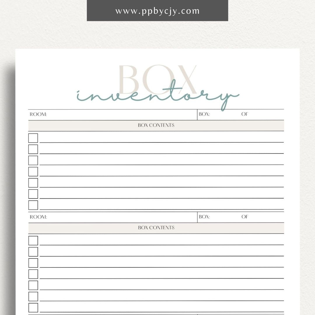 Moving Box Inventory Printable Template – Digital download for cataloging and tracking the contents of each moving box, including descriptions and locations.