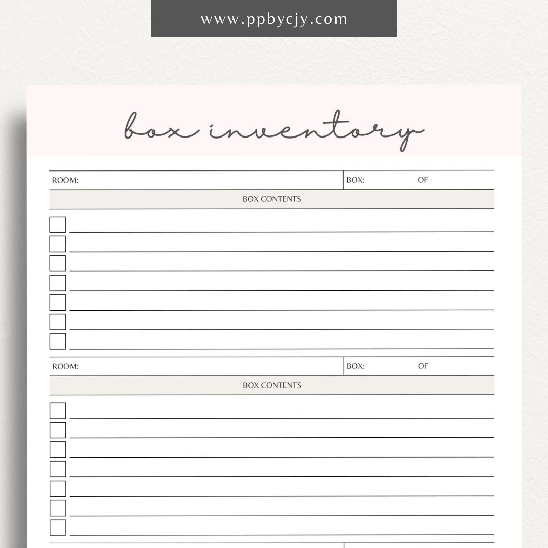 Moving Box Inventory Printable Template – Digital download for cataloging and tracking the contents of each moving box, including descriptions and locations.