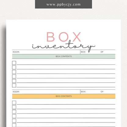 Moving Box Inventory Printable Template – Digital download for cataloging and tracking the contents of each moving box, including descriptions and locations.