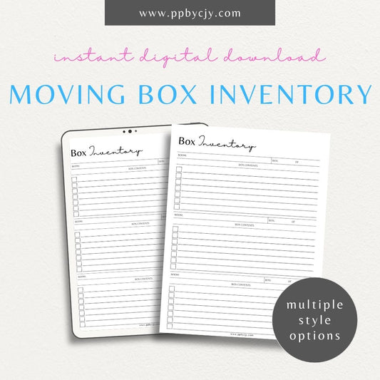 Moving Box Inventory Printable Template – Digital download for cataloging and tracking the contents of each moving box, including descriptions and locations.