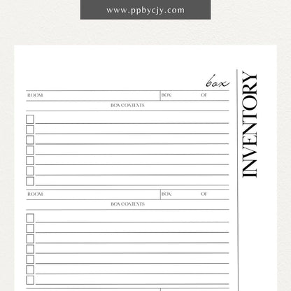 Moving Box Inventory Printable Template – Digital download for cataloging and tracking the contents of each moving box, including descriptions and locations.