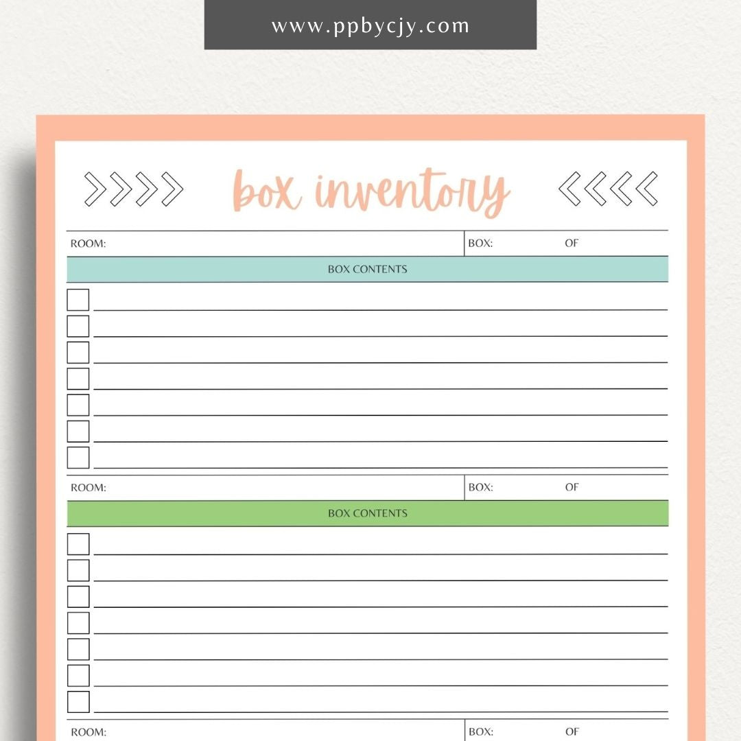 Moving Box Inventory Printable Template – Digital download for cataloging and tracking the contents of each moving box, including descriptions and locations.